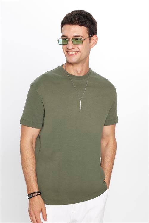 Unisex Relax Fit Rahat Kesim %100 Pamuk Yumuşak Dokulu Hafif Kalın Basic Bisiklet Yaka Haki Tişört
