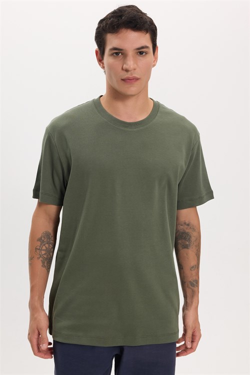 Unisex Relax Fit Rahat Kesim %100 Pamuk Yumuşak Dokulu Hafif Kalın Basic Bisiklet Yaka Haki Tişört