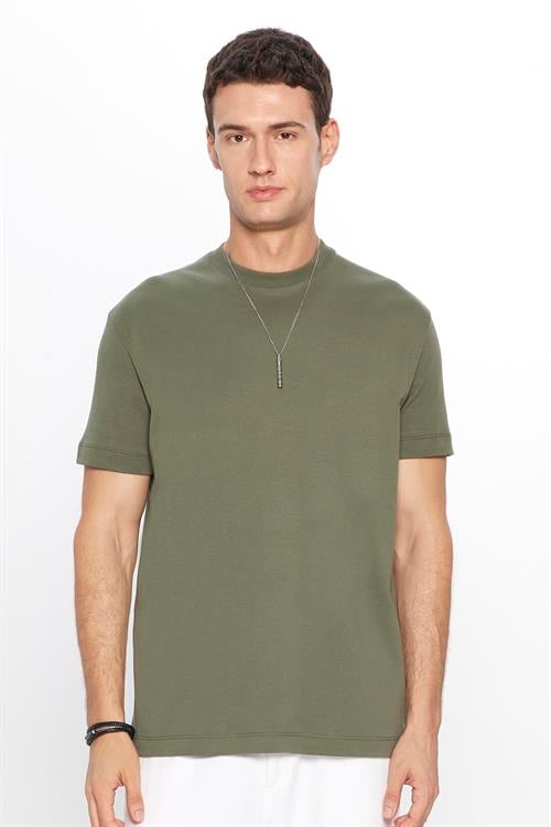 Unisex Relax Fit Rahat Kesim %100 Pamuk Yumuşak Dokulu Hafif Kalın Basic Bisiklet Yaka Haki Tişört