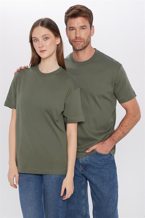 Unisex Relax Fit Rahat Kesim %100 Pamuk Yumuşak Dokulu Hafif Kalın Basic Bisiklet Yaka Haki Tişört