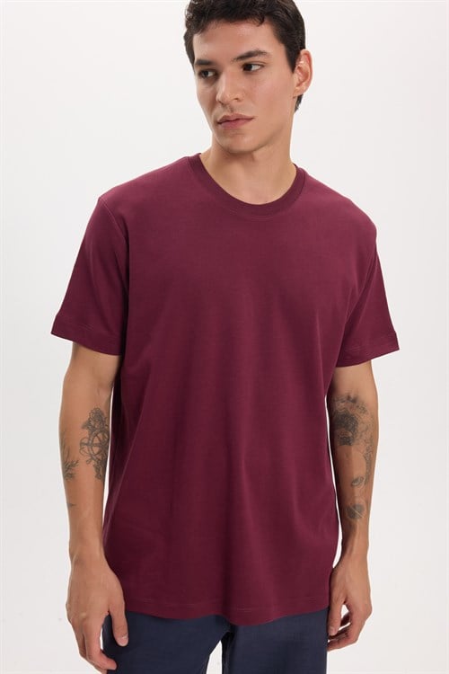 Unisex Relax Fit Rahat Kesim %100 Pamuk Yumuşak Dokulu Hafif Kalın Bordo Bisiklet Yaka Tişört