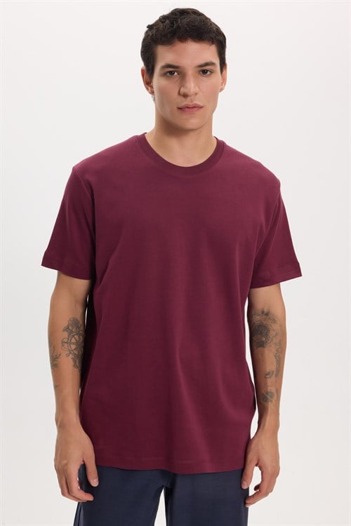 Unisex Relax Fit Rahat Kesim %100 Pamuk Yumuşak Dokulu Hafif Kalın Bordo Bisiklet Yaka Tişört