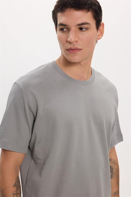 Unisex Relax Fit Rahat Kesim %100 Pamuk Yumuşak Dokulu Hafif Kalın Gri Bisiklet Yaka Tişört