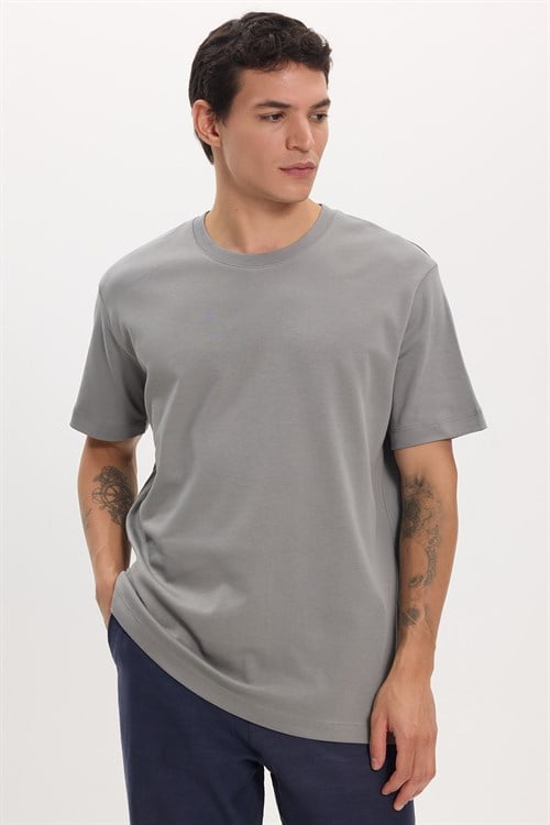 Unisex Relax Fit Rahat Kesim %100 Pamuk Yumuşak Dokulu Hafif Kalın Gri Bisiklet Yaka Tişört