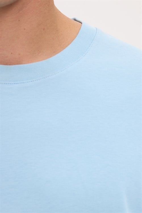 Unisex Relax Fit Rahat Kesim %100 Pamuk Yumuşak Dokulu Hafif Kalın Mavi Bisiklet Yaka Tişört