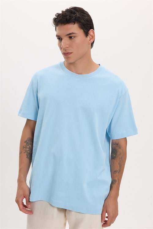 Unisex Relax Fit Rahat Kesim %100 Pamuk Yumuşak Dokulu Hafif Kalın Mavi Bisiklet Yaka Tişört