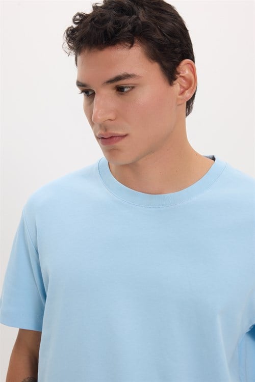 Unisex Relax Fit Rahat Kesim %100 Pamuk Yumuşak Dokulu Hafif Kalın Mavi Bisiklet Yaka Tişört