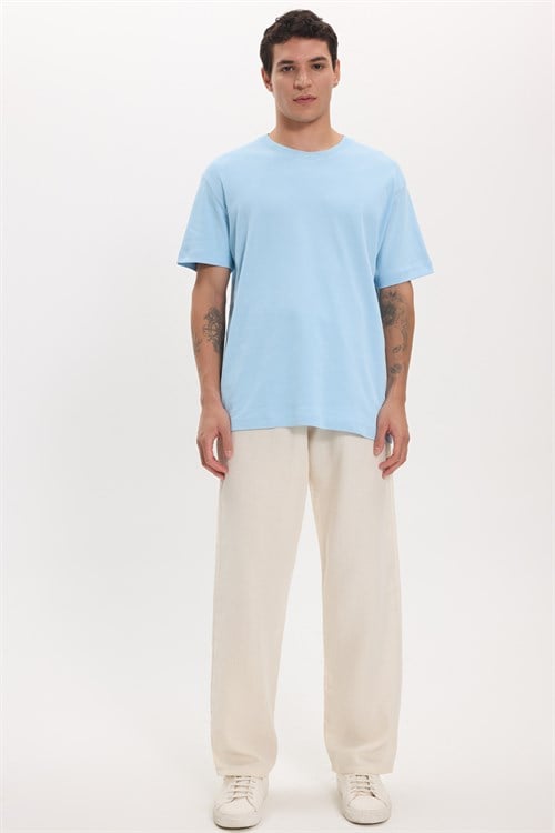 Unisex Relax Fit Rahat Kesim %100 Pamuk Yumuşak Dokulu Hafif Kalın Mavi Bisiklet Yaka Tişört