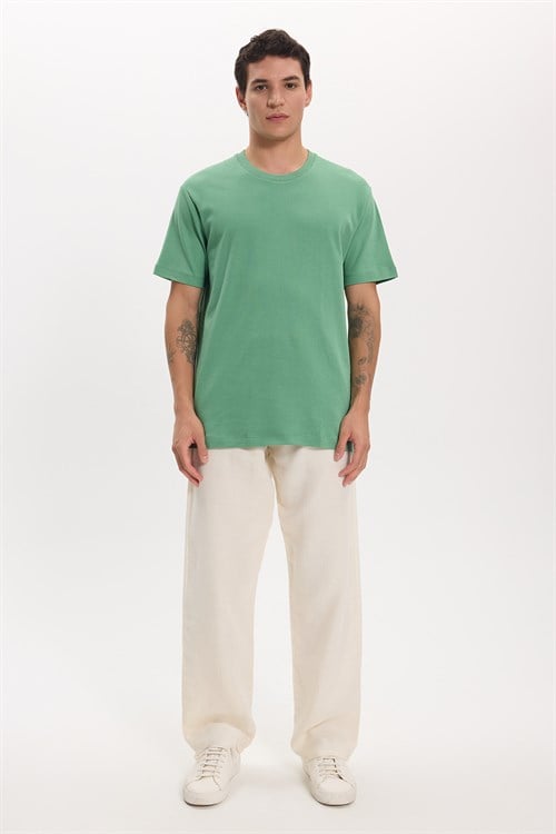 Unisex Relax Fit Rahat Kesim %100 Pamuk Yumuşak Dokulu Hafif Kalın Yeşil Bisiklet Yaka Tişört