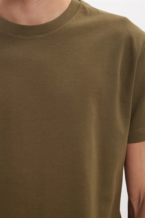 Unisex Relax Fit Rahat Kesim %100 Pamuk Yumuşak Dokulu Hafif Kalın Haki Bisiklet Yaka Tişört