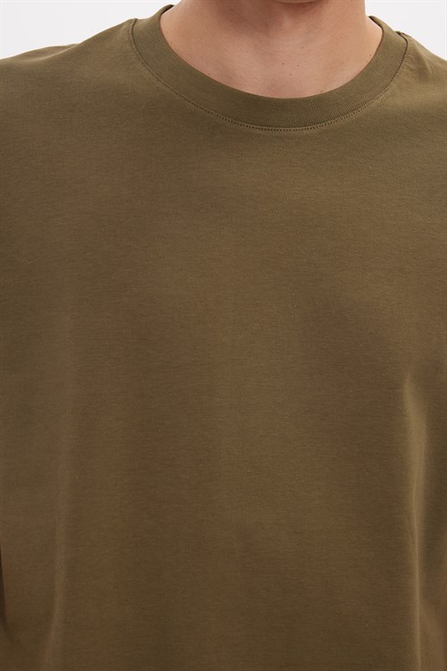 Unisex Relax Fit Rahat Kesim %100 Pamuk Yumuşak Dokulu Hafif Kalın Haki Bisiklet Yaka Tişört