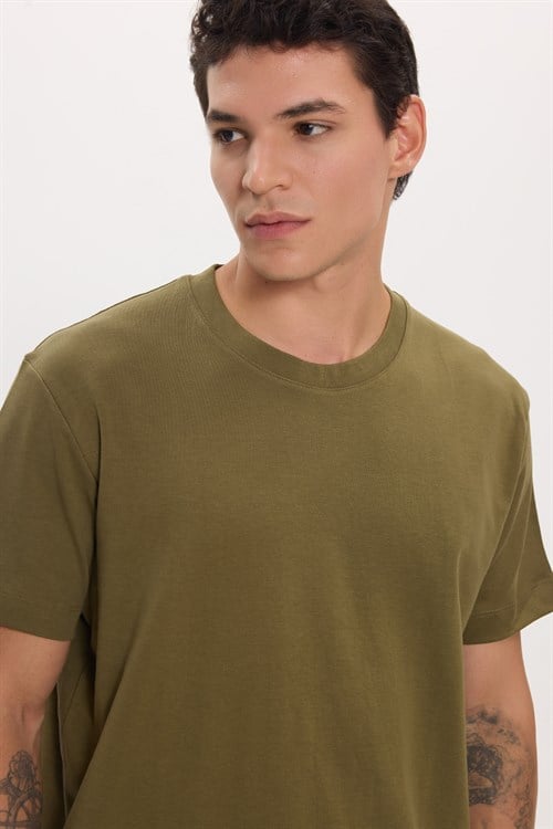 Unisex Relax Fit Rahat Kesim %100 Pamuk Yumuşak Dokulu Hafif Kalın Haki Bisiklet Yaka Tişört
