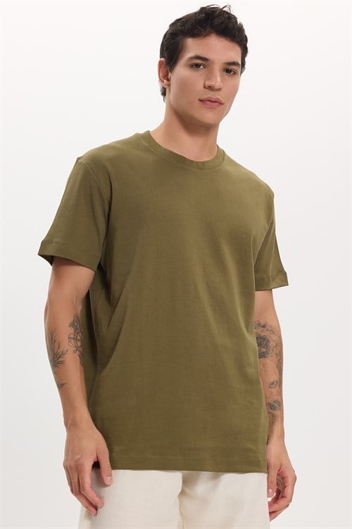 Unisex Relax Fit Rahat Kesim %100 Pamuk Yumuşak Dokulu Hafif Kalın Haki Bisiklet Yaka Tişört