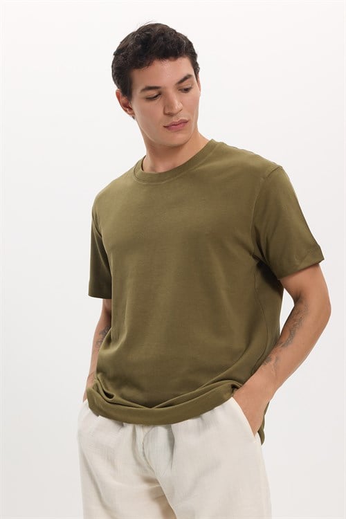 Unisex Relax Fit Rahat Kesim %100 Pamuk Yumuşak Dokulu Hafif Kalın Haki Bisiklet Yaka Tişört