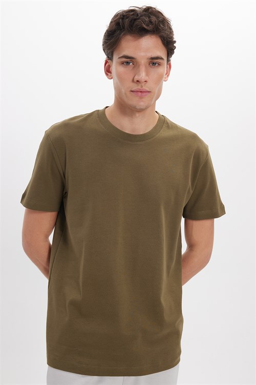 Unisex Relax Fit Rahat Kesim %100 Pamuk Yumuşak Dokulu Hafif Kalın Haki Bisiklet Yaka Tişört