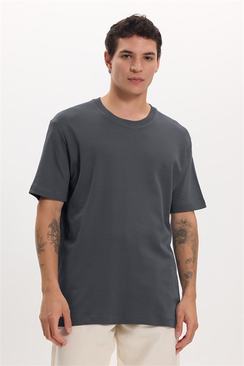 Unisex Relax Fit Rahat Kesim %100 Pamuk Yumuşak Dokulu Hafif Kalın Füme Bisiklet Yaka Tişört