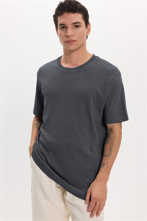 Unisex Relax Fit Rahat Kesim %100 Pamuk Yumuşak Dokulu Hafif Kalın Füme Bisiklet Yaka Tişört