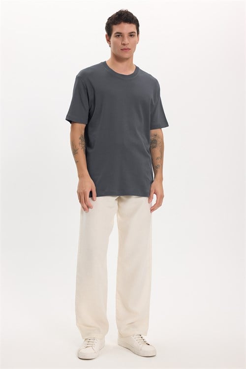 Unisex Relax Fit Rahat Kesim %100 Pamuk Yumuşak Dokulu Hafif Kalın Füme Bisiklet Yaka Tişört