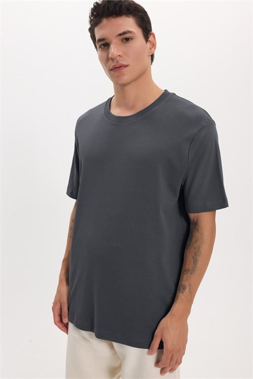 Unisex Relax Fit Rahat Kesim %100 Pamuk Yumuşak Dokulu Hafif Kalın Füme Bisiklet Yaka Tişört