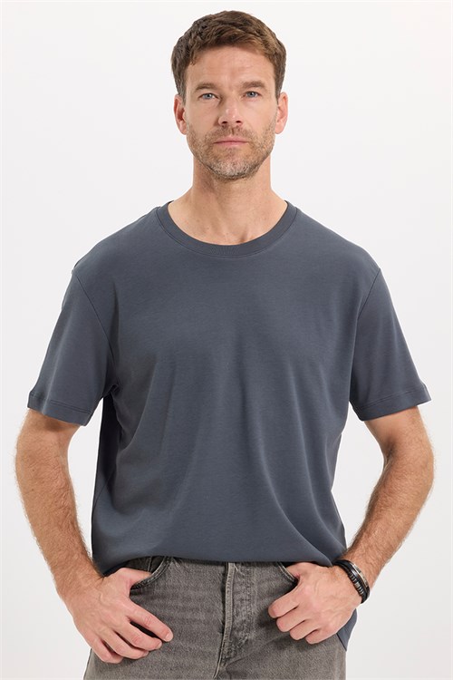 Unisex Relax Fit Rahat Kesim %100 Pamuk Yumuşak Dokulu Hafif Kalın Füme Bisiklet Yaka Tişört