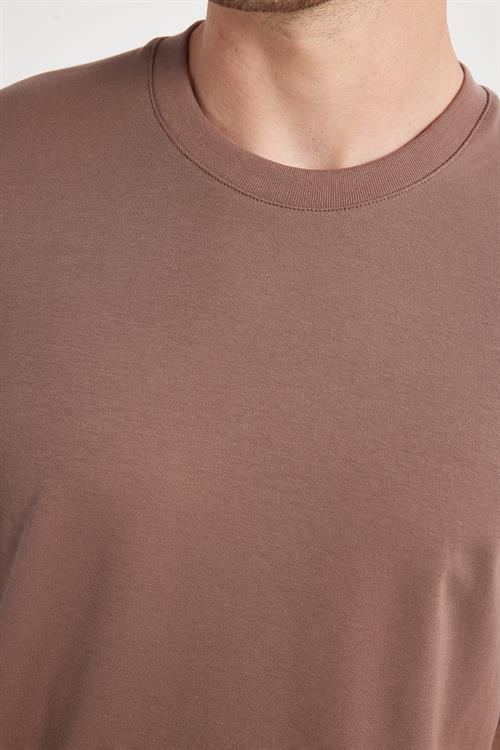 Unisex Relax Fit Rahat Kesim %100 Pamuk Yumuşak Dokulu Hafif Kalın Kahverengi Bisiklet Yaka Tişört