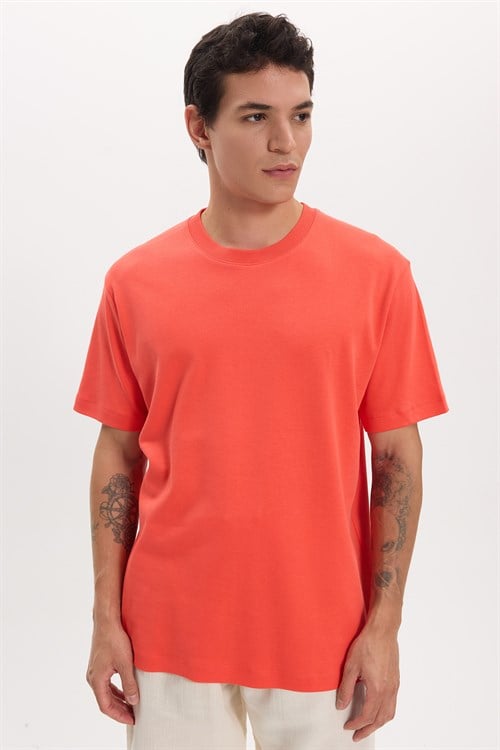 Unisex Relax Fit Rahat Kesim %100 Pamuk Yumuşak Dokulu Hafif Kalın Nar Bisiklet Yaka Tişört
