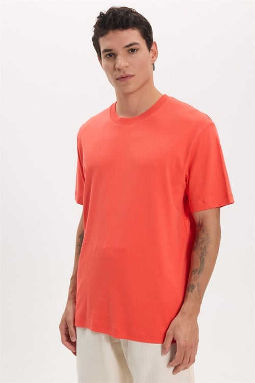 Unisex Relax Fit Rahat Kesim %100 Pamuk Yumuşak Dokulu Hafif Kalın Nar Bisiklet Yaka Tişört