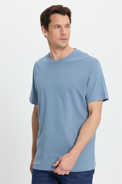 Unisex Relax Fit Rahat Kesim %100 Pamuk Yumuşak Dokulu Hafif Kalın Basic Bisiklet Yaka Mavi Tişört