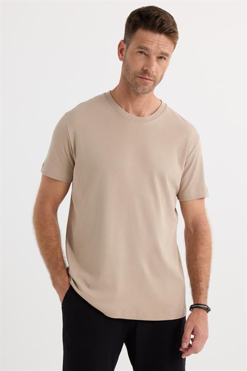 Unisex Relax Fit Rahat Kesim %100 Pamuk Yumuşak Dokulu Hafif Kalın Bej Bisiklet Yaka Tişört