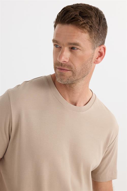 Unisex Relax Fit Rahat Kesim %100 Pamuk Yumuşak Dokulu Hafif Kalın Bej Bisiklet Yaka Tişört