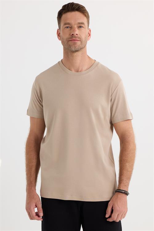 Unisex Relax Fit Rahat Kesim %100 Pamuk Yumuşak Dokulu Hafif Kalın Bej Bisiklet Yaka Tişört