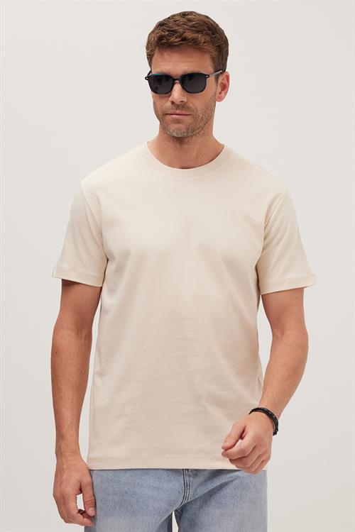 Unisex Relax Fit Rahat Kesim %100 Pamuk Yumuşak Dokulu Hafif Kalın Bej Bisiklet Yaka Tişört