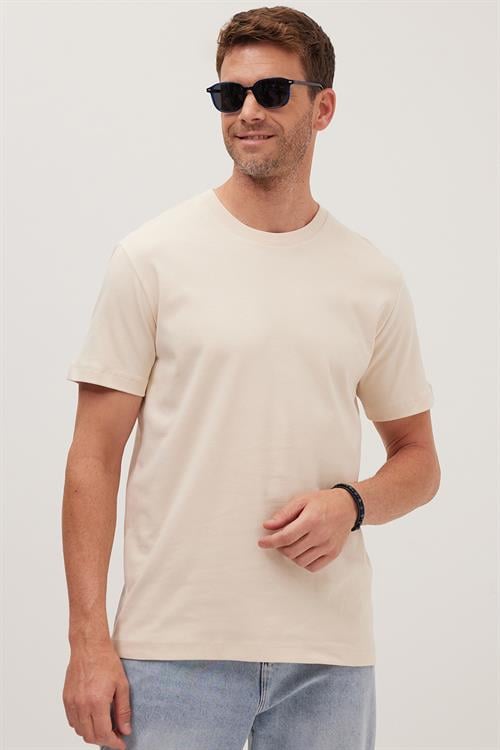 Unisex Relax Fit Rahat Kesim %100 Pamuk Yumuşak Dokulu Hafif Kalın Bej Bisiklet Yaka Tişört