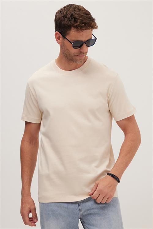Unisex Relax Fit Rahat Kesim %100 Pamuk Yumuşak Dokulu Hafif Kalın Bej Bisiklet Yaka Tişört