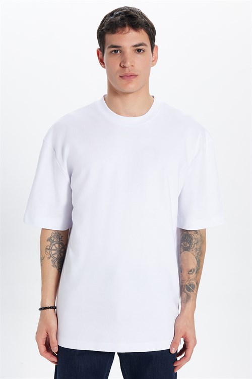 Unisex Oversize Geniş Kesim %100 Pamuk Yumuşak Dokulu Basic Bisiklet Yaka Beyaz Tişört