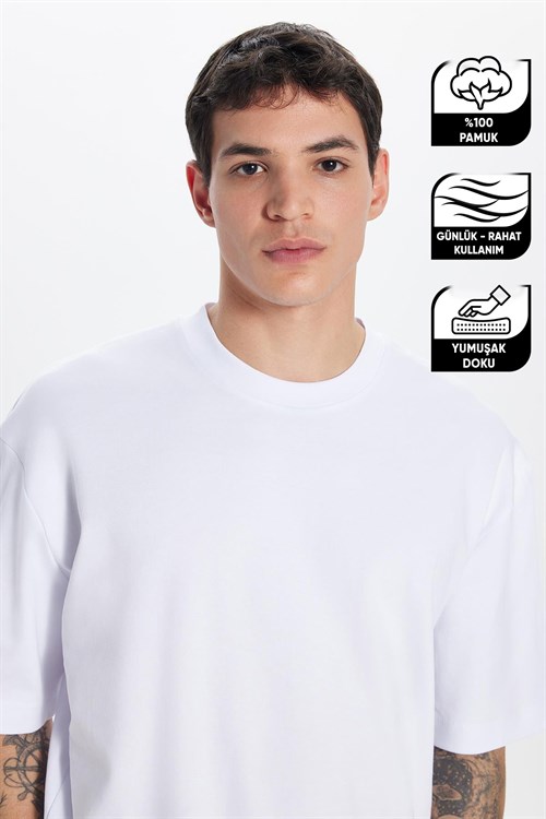 Unisex Oversize Geniş Kesim %100 Pamuk Yumuşak Dokulu Basic Bisiklet Yaka Beyaz Tişört