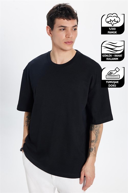 Unisex Oversize Geniş Kesim %100 Pamuk Yumuşak Dokulu Basic Bisiklet Yaka Siyah Tişört