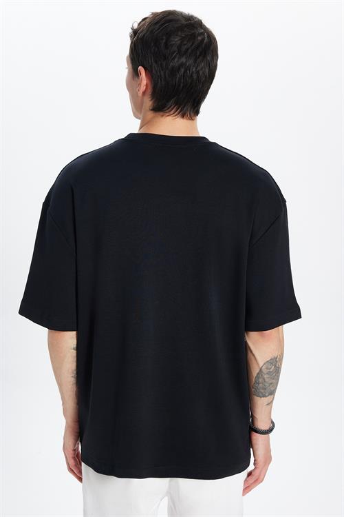 Unisex Oversize Geniş Kesim %100 Pamuk Yumuşak Dokulu Basic Bisiklet Yaka Siyah Tişört