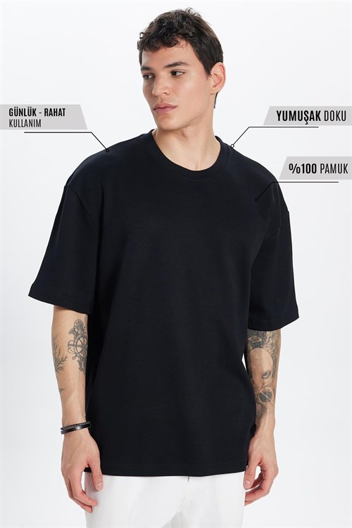 Unisex Oversize Geniş Kesim %100 Pamuk Yumuşak Dokulu Basic Bisiklet Yaka Siyah Tişört