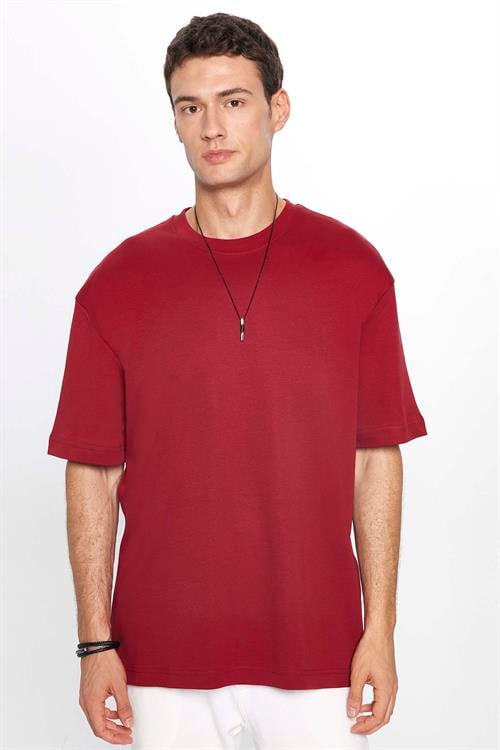 Unisex Oversize Geniş Kesim %100 Pamuk Yumuşak Dokulu Basic Bisiklet Yaka Bordo Tişört