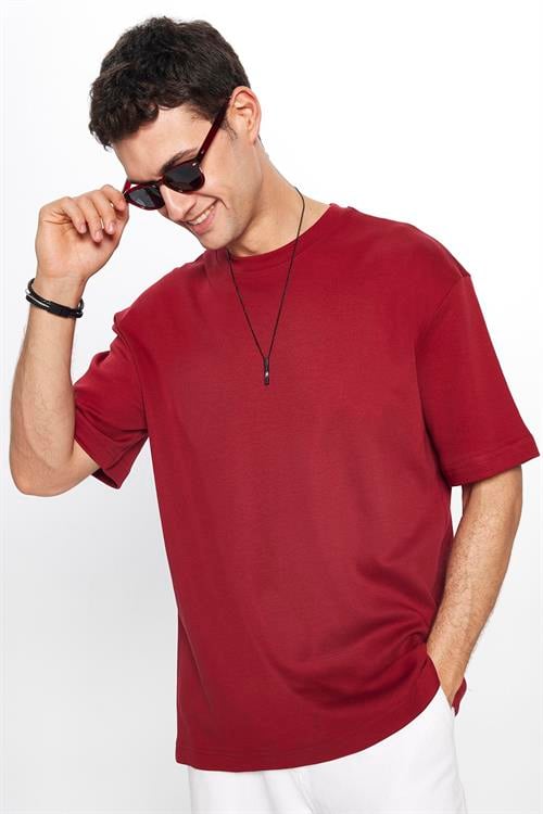 Unisex Oversize Geniş Kesim %100 Pamuk Yumuşak Dokulu Basic Bisiklet Yaka Bordo Tişört
