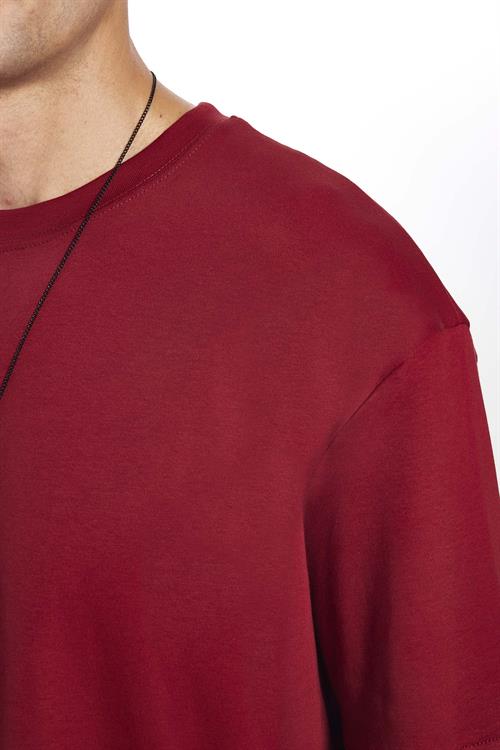 Unisex Oversize Geniş Kesim %100 Pamuk Yumuşak Dokulu Basic Bisiklet Yaka Bordo Tişört