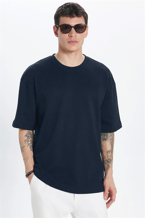 Unisex Oversize Geniş Kesim %100 Pamuk Yumuşak Dokulu Basic Bisiklet Yaka Lacivert Tişört