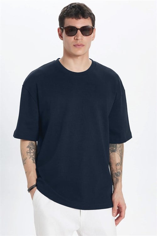 Unisex Oversize Geniş Kesim %100 Pamuk Yumuşak Dokulu Basic Bisiklet Yaka Lacivert Tişört
