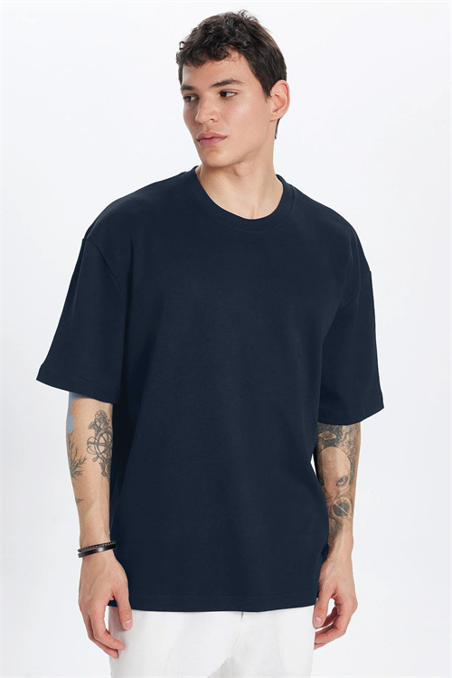 Unisex Oversize Geniş Kesim %100 Pamuk Yumuşak Dokulu Basic Bisiklet Yaka Lacivert Tişört