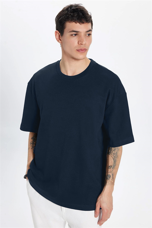 Unisex Oversize Geniş Kesim %100 Pamuk Yumuşak Dokulu Basic Bisiklet Yaka Lacivert Tişört