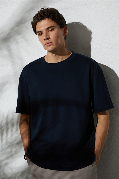 Unisex Oversize Geniş Kesim %100 Pamuk Yumuşak Dokulu Basic Bisiklet Yaka Lacivert Tişört