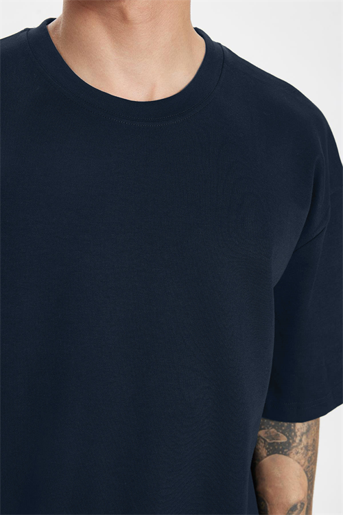 Unisex Oversize Geniş Kesim %100 Pamuk Yumuşak Dokulu Basic Bisiklet Yaka Lacivert Tişört