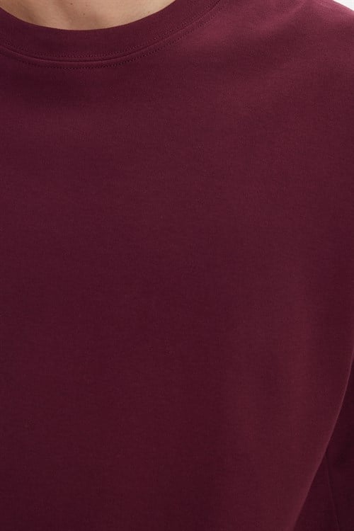 Unisex Oversize Geniş Kesim %100 Pamuk Yumuşak Dokulu Basic Bisiklet Yaka Bordo Tişört