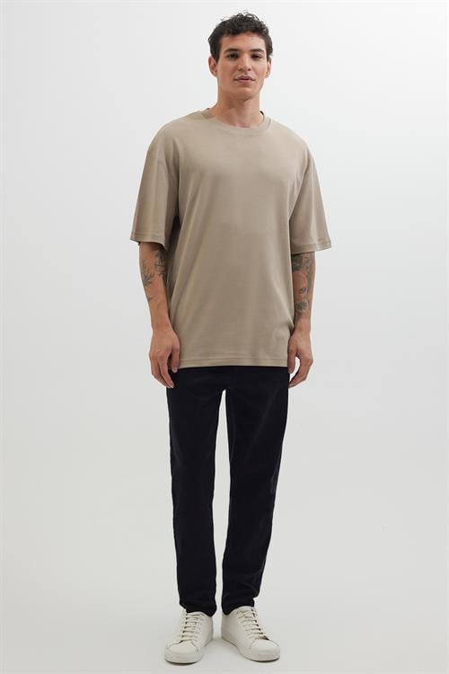 Unisex Oversize Geniş Kesim %100 Pamuk Yumuşak Dokulu Basic Bisiklet Yaka Bej Tişört